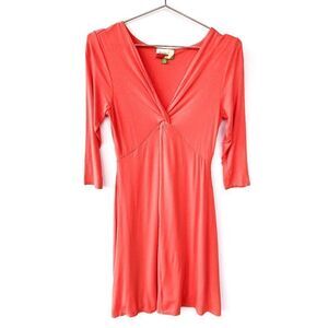 Modcloth Fervour Coral Pink Quarter Sleeve V Neck Twisted Front Dress